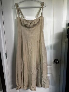Light Beige Linen-Blend Midi Dress with Adjustable Straps